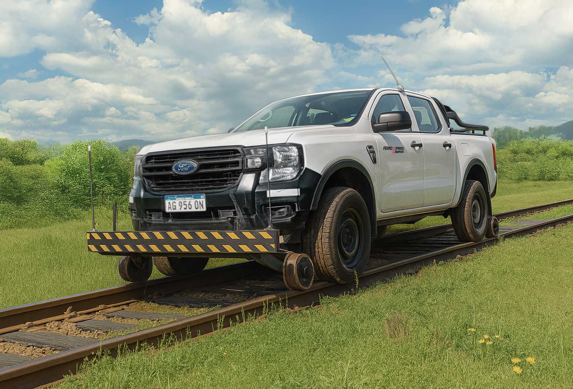 Camioneta de vía de Ferroexpreso Pampeano utilizada para inspección y mantenimiento de la infraestructura ferroviaria.